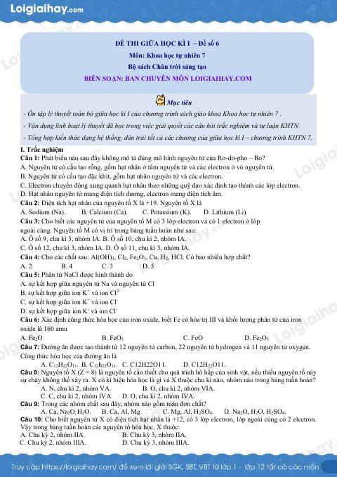 Đề thi giữa kì 1 KHTN Chân trời sáng tạo - Đề số 6